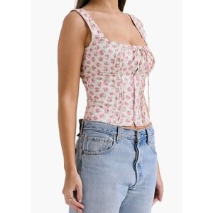 House of CB Chicca Corset Linen Blend‎ Square Neck Top Pink Floral Bustier Med